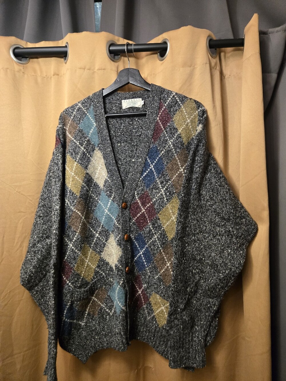 Blarney Woolen Mills XL Men's Grey Argyle Button-Front Sweater Cardigan